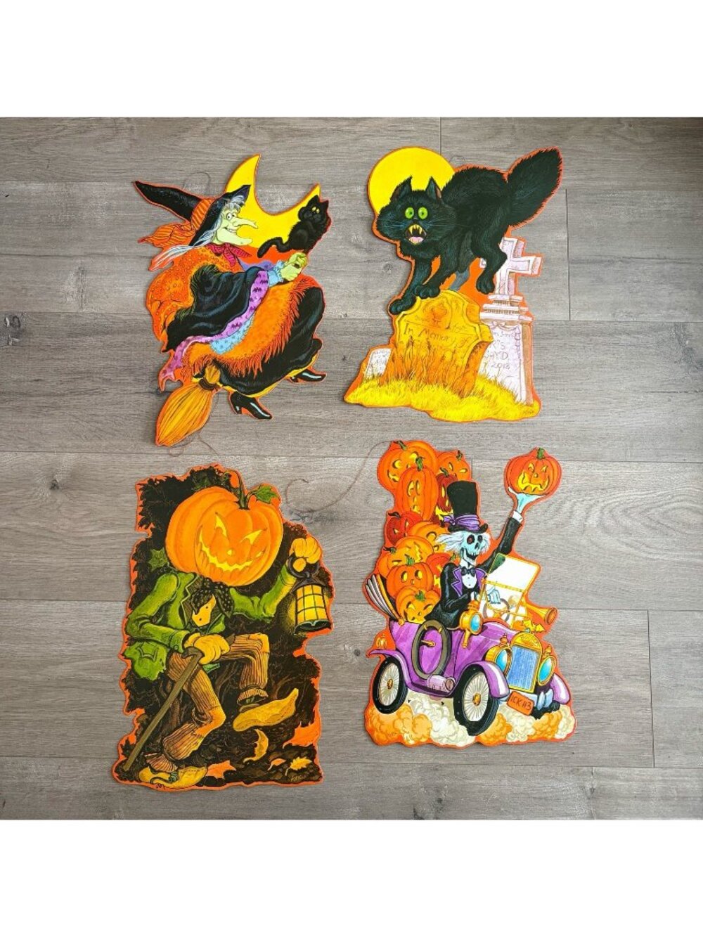 4 Vintage Die-Cut Kirk Halloween Paper Double Sided Pumpkin Skeleton Cat Witch